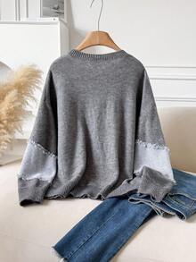 CosyJoli Suéter de cuello redondo informal de talla grande con bloque de color, bigote de gato y flecos - Gris - Ver 3