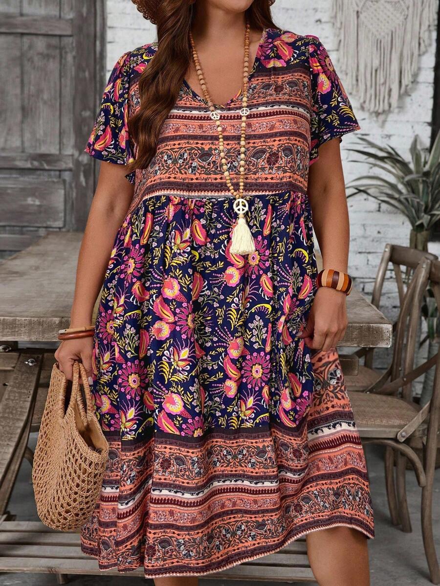 EMERY ROSE Plus Size Floral Print Casual Vacation Dress Bohemian Fall Clothes For Women  Plus Size Vacation Dress - Red - View 1