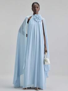 Ontre 2026春夏新款吊带喇叭连衣裙，饰有串珠，休闲都市商务度假海滩音乐节穿搭，优雅波西米亚风派对礼服，女士 - 藍色 - 查看 4