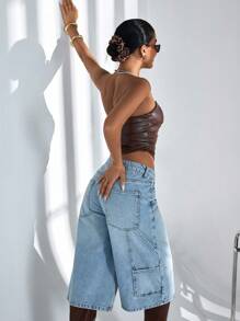 CasuGlow Cowgirl Outfit Women's Low Waist Y2K Pockets Wide Leg Loose Bermuda Denim Shorts Rave Outfits Women Summer Clothing - Blue - View 2