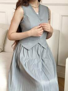 2pcs Asymmetric V-Neck Embroidered Ruffle Hem Sleeveless Tank Top And Solid High Waist Pleated Skirt Set, Suitable For Elegant Young Women - Blue - View 4