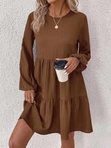 SHEIN LUNE Women's Casual Solid Color Pleated Mini Dress Fall Cloth For Women - Brown - View 6