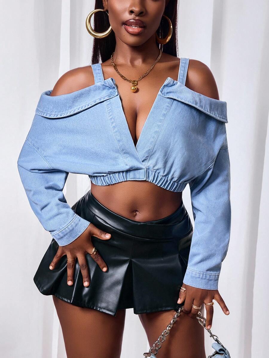 Slaydiva Women's Off-Shoulder Long Sleeve Cropped Denim Jacket - Blue - View 1