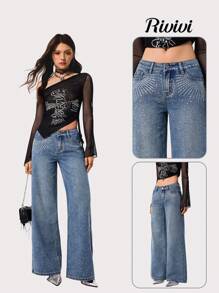 SHEIN EZwear Jeans de pierna ancha con aplicaciones de strass, estilo retro y vintage, de uso versátil y casual - Azul lavado medio - Ver 6