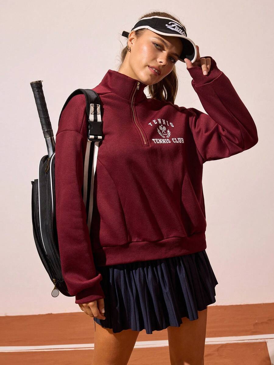 CourtClass Jaqueta com Capuz e Zíper com Estampa de Tênis em Fleece para Mulheres, Outono/Inverno, com Bolsos, Esportiva e Casual para Tênis, Corrida e Uso Diário - Vinho - Visão 1
