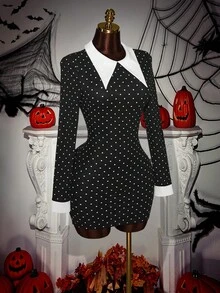Y2K Amplova Polka Dot Top Women's Wednesday Contrast Color Collar Long Sleeve Shirt Collar Fashionable Mini Dress Halloween Dress - Black - View 3