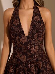 SHEIN BAE 棕色花卉纹理高领紧身连衣裙，适合约会、夜晚外出、派对、生日、优雅连衣裙、咖啡色连衣裙、生日连衣裙、节日连衣裙 - 棕色 - 查看 3