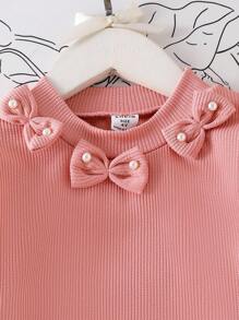 Genkimix Kids 2pcs Girls (Small) Knitted Sweatshirt With Bow & Pearl Decor, Round Neck Top And Flared Pants Set, Casual Outfit For Spring/Autumn Girls Lounge Set Girls Comfy Set Girl Long Sleeves Outfits Elegant Set For Girls Pearl Embellished Girls Outfit Fall Winter