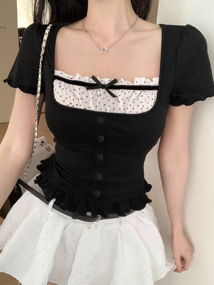 Women Contrast Color Bow Casual Short Sleeve T-Shirt Summer Babydoll Top