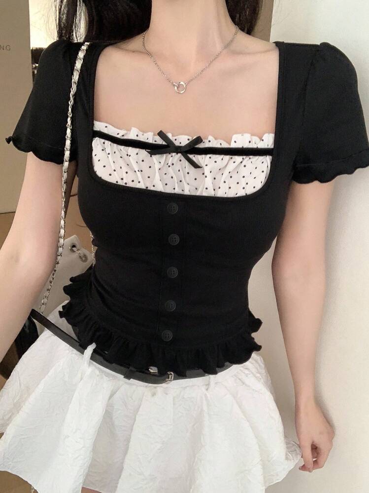 DAZY Women Contrast Color Bow Casual Short Sleeve T-Shirt Summer