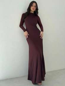 Firerie Women's Elegant Burgundy Autumn Maxi Knit Dress,Asymmetric Shoulder Long Sleeve Cinched Waist A-Line,Dining Party Wedding Guest,Casual Commute Daily - Burgundy - View 5