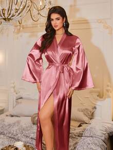 LuxeNights Luxe Nights French Elegant Loose Long Robe, Women Sleepwear Satin Robe, For Fall, Winter - Pink - View 5