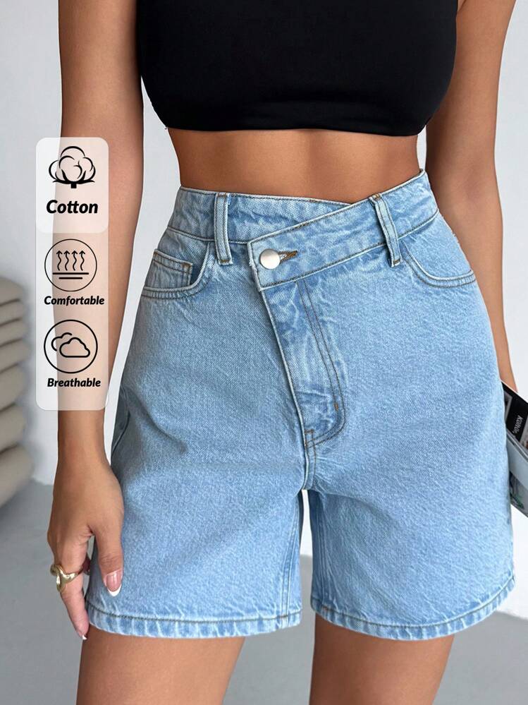 EURMUSE High Waist Asymmetric Belt Denim Short Women Summer Clothing Woman S Summer Clothes Women S Bottoms Women Short Sets - Medium Wash - View 1