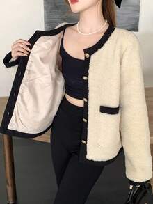 SHEIN Teen Girls Oversized Round Neck Contrast Color Button Front Teddy Bear Cardigan, Elegant & Retro Cropped Jacket Jacket For Teen Girl Cute Jacket Teddy Jacket Fuzzy Jacket Autumn Winter Clothes For Women - Apricot - View 6