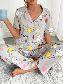 RueChic Women 2 Pcs Contrast Colour Button Front Detail With Cutie Cat Pattern Homewear PJ Set - Grey - View 7