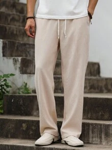 Manfinity Chillmode Men's Casual Pockets Drawstring Corduroy Pants, Old Money Style Men Drawstring Pants Long Pants Men Cream Joggers Men , Fall Winter - Beige - View 5