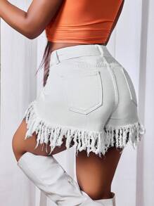 Slaydiva Pantaloncini di jeans casual da donna con orlo a frange, colore tinta unita, estivi