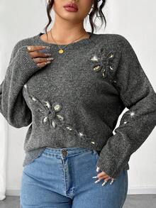 Elenzga Plus Size Loose Elegant Modest Beaded Floral Pullover Sweater Fall Winter Cloth For Women Autumn