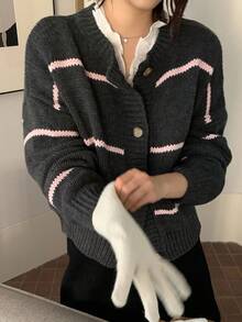 DAZY Women's Round Neck Striped Korean Style Contrast Color Casual Cardigan Fall/Winter - Grey - View 1