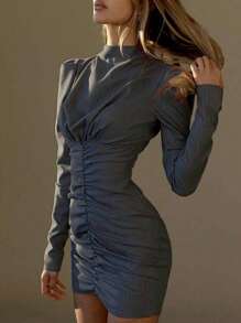 Siren Gaze New Autumn Exquisite Commuter Dress For Women, Navy Blue Stripes Old Money Style Commuter Wear, Office Siren Style, Exquisite And Elegant Dress,High Waist Mini Dress, Modern Fashion Office Dress, Pinstripe Dress Long Sleeve Dress Fitted Dress,Business Casual Woman,Teacher Clothes ,Fall Clothes,Fall Dresses For Women Winter Party