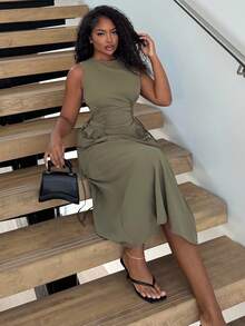 Alexandranx Black Date Night Lateral Cross Frenulum Solid Ruched Detail Long Dress,Summer Dresses For Women - Army Green - View 4