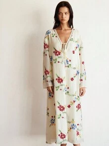 GENKIRA 天丝面料花卉刺绣宽松休闲深V领蕾丝边抽绳腰连衣裙 - 彩色 - 查看 6