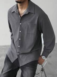 Manfinity Homme 1pc Men's Solid Color Long Sleeve Single Breasted Casual Pocket Shacket ,Dark Grey Button-Up Oversized Streetwear Shacket, A Great Gift For Your Boyfriend, Back To School, Corduroy