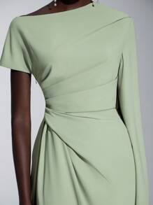 Elitara Elegant Asymmetric Sleeve Ruffle Hem Long Sleeve Dress, Suitable For Wedding, Party, Date, Formal Bridesmaid Event
