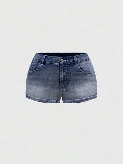 Shorts vaqueros de tiro bajo súper cortos para mujer con bordado de mariposa, strass y efecto desgastado vintage
