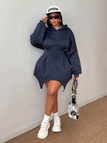 Maweii Women's Casual Elegant Hooded Sweatshirt With A Wavy Hem And Metal Ring Detail, Gray-Blue Plus Size, Suitable For Everyday Wear, Holiday, Christmas, New Year's, Valentine's Day, Sexy, Autumn/Summer, Patterned. - Blue - View 3