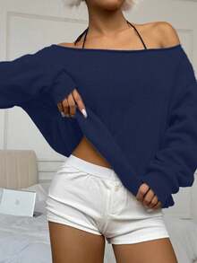 Flirla Women's Solid Color Off-Shoulder Long Sleeve Loose Fleece Sweatshirt Fall Cloth For Women - Navy Blue - View 5