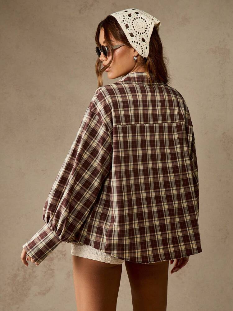 MISSGUIDED Oversized Brown Plaid Button Down Shirt Long Sleeve Flannel Blouse Fall Winter Casual Preppy Grunge Layer Piece Button Up Collared Top