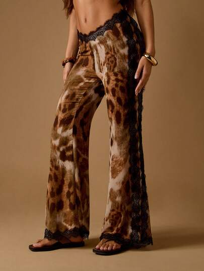 MISSGUIDED Leopard Print Bell Bottom Pants With Black Lace Trim Festival Flare Y2K Wide Leg High Rise Tie Dye Boho Club Pants