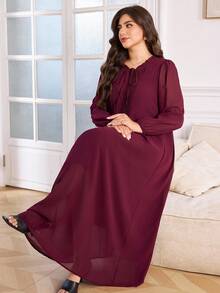 Lacomfia 大码女式宽松休闲荷叶边领带腰长袖连衣裙 - 酒紅色 - 查看 6