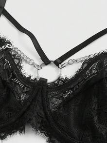 ROMWE Grunge Punk Punk Lace Trim Metal Chain Underwire Bralette - Black - View 3