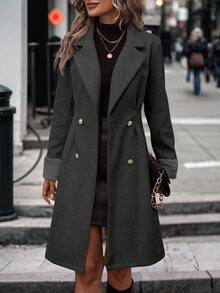 EMERY ROSE Autumn And Winter Christmas And New Year New Luxury Gray Double-Breasted Overcoat With Suit Collar, Thermal Lined Cuffs, Mid-Length Slim Fit Overcoat, Office OL Style, Warm And Windproof Versatile Coat With Textured Metal Buttons And Waist-Cutting Design, A Must-Have For Urban Women's Autumn And Winter Outfits - Grey - View 6