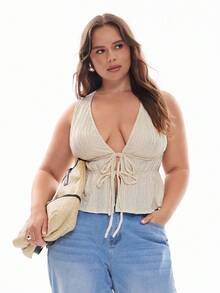 Solavibe Plus Size Women Solid Textured Front Tie Tank Top