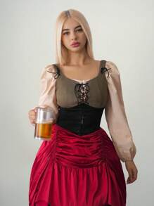 Sweetina Women's Oktoberfest Suede Eyelet Lace-Up Long Sleeve Shirt Layered With Ruched A-Line Asymmetrical Hem Flounce Hem Dress - Red and Black - View 4