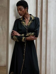 Aveloria Modichic Váy dài cổ chữ V thêu họa tiết tay loe mới, váy maxi ôm vừa vặn thanh lịch cổ điển, áo choàng thời trang sang trọng cho mùa xuân và mùa thu - màu đen - Xem 7