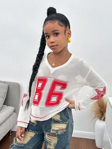 SHEIN 青少年女孩印花针织罩衫，长袖休闲日常时尚百搭外套，适合女孩的秋冬服装 - 白色 - 查看 3