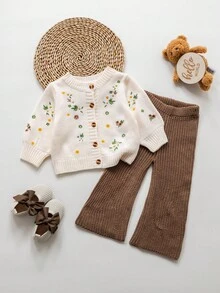 SHEIN 2pcs Baby Girl Floral Pattern Knit Sweater And Elastic Waist Pants Set, Beige, Autumn/Winter Embroidered Cardigan Sweater Set Brown Sweater Wide-Leg Pants Fall