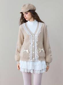ROMWE Kawaii Áo khoác cardigan cài nút phía trước họa tiết ren tương phản thường ngày dành cho nữ - Màu be - Xem 4
