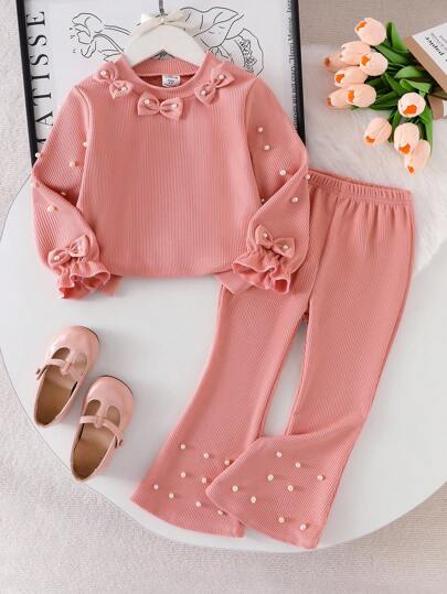Genkimix Kids 2pcs Young Girls Knitted Sweatshirt With Bow & Pearl Decor, Round Neck Top And Flared Pants Set, Casual Outfit For Spring/Autumn Girls Lounge Set Girls Comfy Set Girl Long Sleeves Outfits Elegant Set For Girls Pearl Embellished Girls Outfit Fall Winter