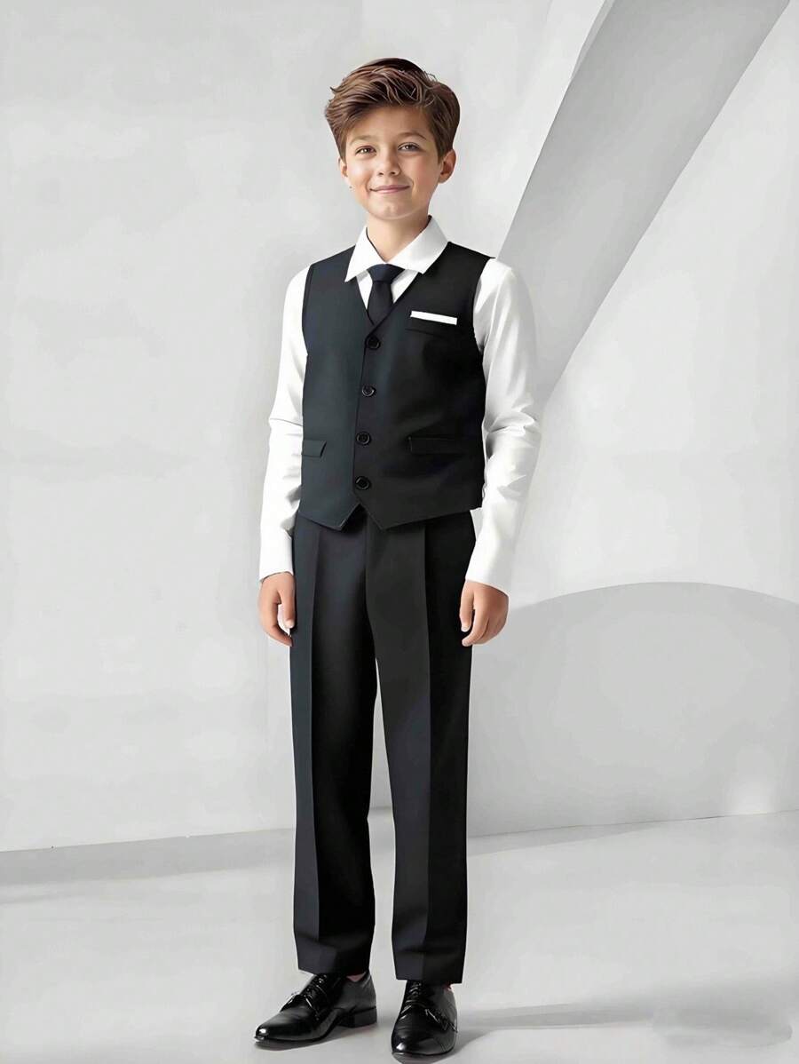 SHEIN Tween Boy's Gentleman 2pcs Set: Vest With Chest Design + Long Pants, No Shirt No Accessories, Suitable For Birthday Party, Evening Party, Wedding, Christening, 1st Birthday, Wedding Party, Wedding Guest, Pageboy, Ring Bearer