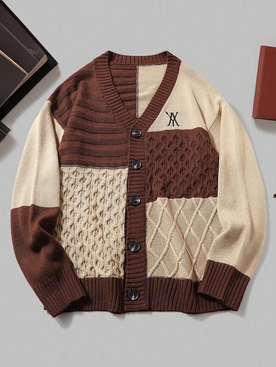 Manfinity Hypemode Plus Size Men's Colorblock V-Neck Button Front Long Sleeve Cardigan , Fall Winter - Brown - View 1