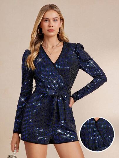 Amorya Mono elegante de mujer con cuello en V y mangas gigot de color azul metálico, adecuado para fiestas, reuniones y múltiples ocasiones en otoño