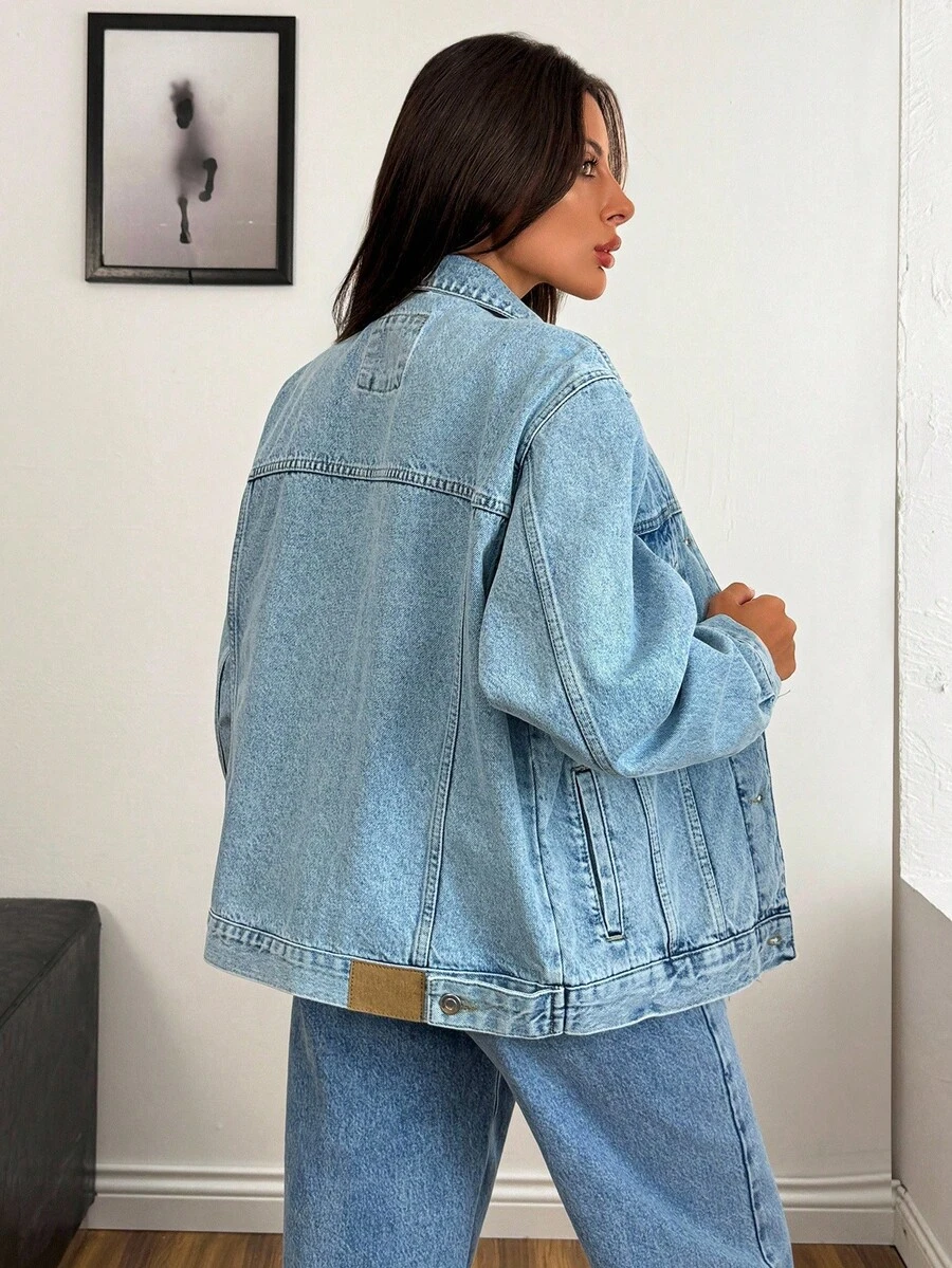 EURMUSE Baby Blue Drop Shoulder Denim Jacket Blue Jean Jacket Jean Shirt Denim Tops For Women Jeans Top - Dark Wash - View 1