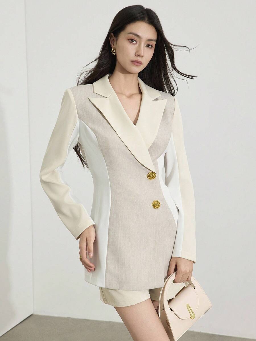 Heiryn Women's Elegant Commuter Colorblock Patchwork Blazer Fall Office Business Casual Women Old Money Style Women The Long-Sleeved Color-Blocking Card Features A White, Elegant And Stylish Old-Style Korean Blazer