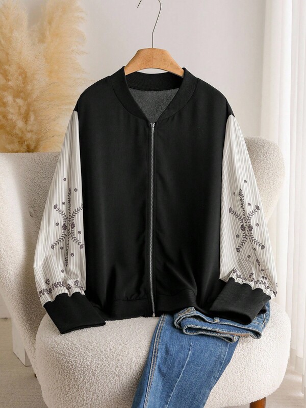 CosyJoli Plus Size Casual Retro Style Print Patchwork Contrast Color Baseball Jacket Zip-Up Coat Plus Size Jacket Women Casual Jacket Zip Up Sweater Jackets For Women Casual Bomber Jacket Women Long Sleeve Jacket Women Bomber Jacket Jacket For Women Casual In Fall/Winter