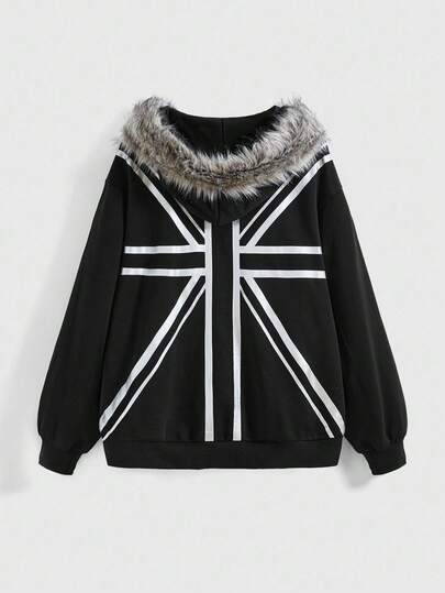 ROMWE Avant Y2K Streetwear Furry Patchwork Word Rhinestone Hooded Sweatshirt Loose Sweatshirt For Women